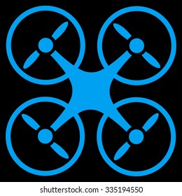 Quadcopter vector icon. Style is flat symbol, blue color, rounded angles, black background.