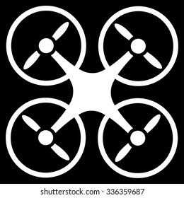 Quadcopter vector icon. Style is flat symbol, white color, rounded angles, black background.