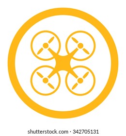 Quadcopter vector icon. Style is flat rounded symbol, yellow color, rounded angles, white background.