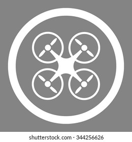 Quadcopter vector icon. Style is flat rounded symbol, white color, rounded angles, gray background.