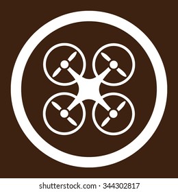 Quadcopter vector icon. Style is flat rounded symbol, white color, rounded angles, brown background.