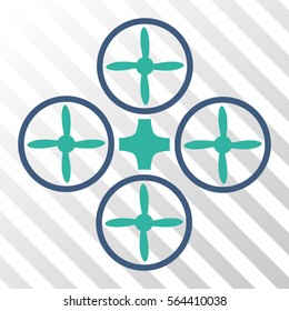 Quadcopter vector pictograph. Illustration style is flat iconic bicolor cobalt and cyan symbol on a hatched transparent background.