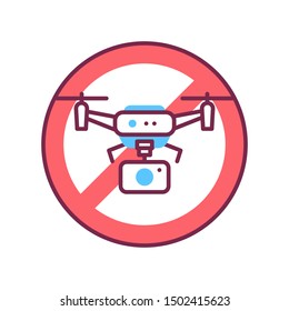 Quadcopter video prohibited color line icon. No drone zone. Aircraft device concept. Sign for web page, mobile app, banner, social media. Editable stroke.