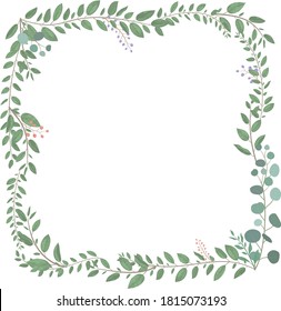 Quadrangle frame decorated with plants, white background, green frame