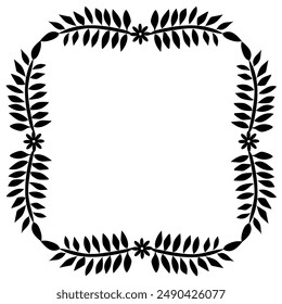 
Quadrangular frame of leaves and flowers in black on a white background