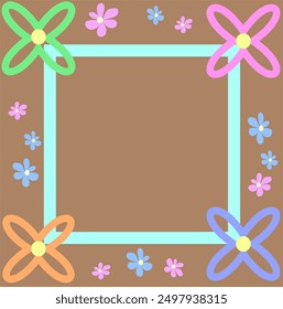 
Quadrangular frame with multi-colored floral pattern on a brown background