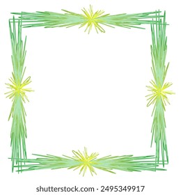 Quadrangular green frame in doodle style decorated with yellow flowers on a white background