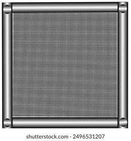 Quadrangular metal gray frame on a black mesh background