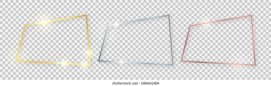 Quadrangular shiny frames with glowing effects. Set of three gold, silver and rose gold quadrangular frames with shadows on transparent background. Vector illustration