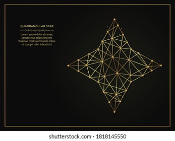 Quadrangular star golden abstract illustration on dark background. Geometric shape polygonal template made from lines and dots.