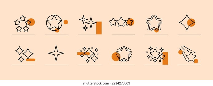 Quadrangular star set icon. Review, feedback, rating, flicker star, starry sky, comet, tail, night, time to sleep. Cosmos concept. Pastel color background. Vector line icon