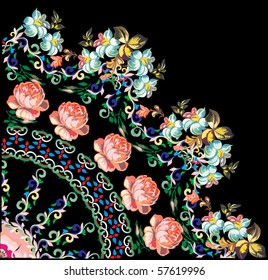 quadrant with pink roses on black background