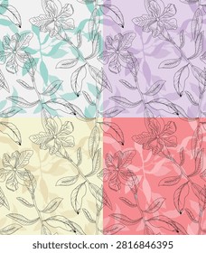 Quadrants of botanical line art with delicate pastel backgrounds wallpaper textile repeat seamless pattern floral with and shirting textile pattern