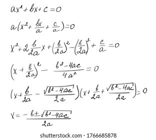 Quadratic equation formula. Decision scheme.Trigonometric background.Education, getting classes, school program.Higher mathematics.Handwritten text. Grouped and isolated on white. Vector illustration