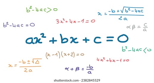 Quadratische Gleichungsformel. Wissenschaftliches nahtloses Muster. Mathe-Formel-Gleichung doodle Handschrift Konzept. Mathematische Ressourcen für Lehrer und Schüler.