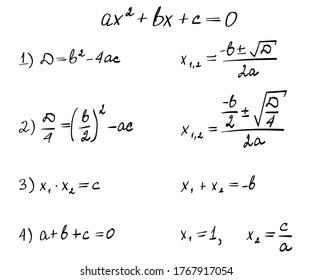 Quadratic equation formula. Solution task scheme . Trigonometric background. Education, getting classes, school program Higher mathematics. Handwritten math text. Grouped and isolated on white. Vector