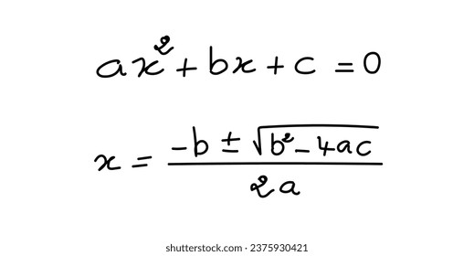 Quadratische Gleichung in Standardform und quadratische Formel in Elementaralgebra. Mathematische Ressourcen für Lehrer und Schüler. Handgezeichnetes Konzept.