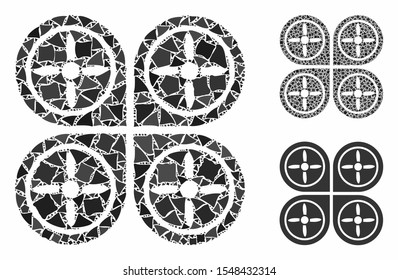 Quadrcopter mosaic of unequal items in different sizes and color hues, based on quadrcopter icon. Vector rough items are united into collage. Quadrcopter icons collage with dotted pattern.