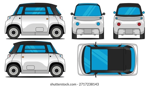 Quadricycle car vector. Electric car mockup illustration isolated on white background. Side, front, rear and top views