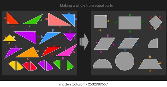 Tipos quadriláteros, pedaço de círculo. Jogo de quebra- cabeça de matemática. Fazendo partes iguais. Metades, terços, quartos. componentes equivalentes. Matemática visual., arraste e solte. Ilustração vetorial