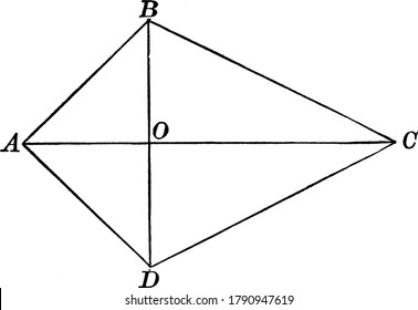 Quadrilateral with vertices A,B,C,D and diagonal AC and BD which bisecting each other at O, vintage line drawing or engraving illustration.