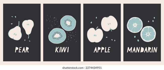 Quadriptych of posters with cut fruits. Decorative apple, kiwi, pear and tangerine on a black background. Vector trendy illustration.