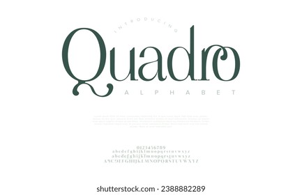 Quadro premium luxury elegant alphabet letters and numbers. Elegant wedding typography classic serif font decorative vintage retro. Creative vector illustration