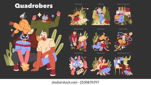 Quadrobbers set. Playful group engaging in outdoor activities wearing unique animal masks. Creative leisure, spirited adventures, and artistic expression. Vector illustration.