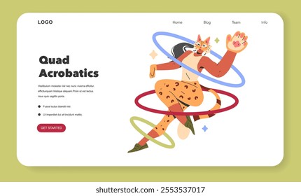 Quadrober concept. A cheetah-themed character performing hula hoop acrobatics on a webpage layout. Dynamic movement and playful animal twist. Vector illustration.