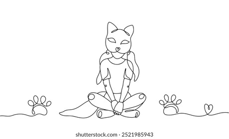 Quadrober girl sits in cat pose. She has a special mask on her head and gloves with cat paws on her hands. A type of aerobics on all fours and wearing an animal mask. Isolated vector.