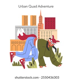 Quadrobers concept. Dynamic city life meets energetic dance moves amidst urban landscapes. Parkour performer leaps in the city setting. Vector illustration.