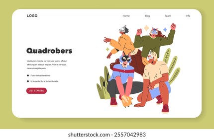 Quadrobers concept. Eclectic team of creatives sporting whimsical animal masks in a collaborative workspace. Friendly vibes, diverse skills. Vector illustration.