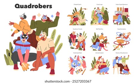 Quadrobers set. Playful people wearing animal masks engage in various outdoor activities. Creative hobbies with friends, family, and nature encounters. Vector illustration.