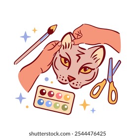 Quadrobic. Creative art, handmade cat mask using craft materials, fun aesthetic expression. Vector illustration. For sticker, design element.