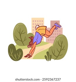 Quadrobics blends creative exercises inspired by nature with challenging urban fitness routines. It features a masked girl with a rabbit tail in a vector illustration.