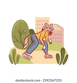 Quadrobics combines imaginative workouts, integrating nature-themed exercises with urban fitness trials. A girl in a mask and with a wolf s tail. Vector illustration.