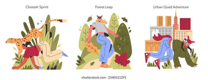 Quadrônicos definidos. Participar de exercícios criativos, desde movimentos inspirados na natureza até desafios de fitness urbano. Energizando o conceito de saúde e estilo de vida. Ilustração vetorial.