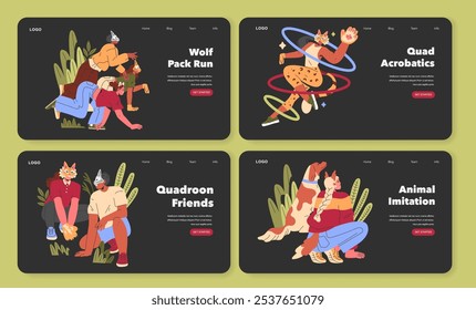 Quadrobros set. Characters with animal heads engaging in playful activities. Running, acrobatics, friendship, and imitation themes. Vector illustration.