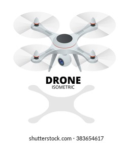 Quadrocopter 3d isometric illustration Drone with action camera icon Drone, controller, fish eye lens, camera holder, professional camera Devices set on background. Isometric style