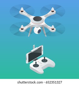 Quadrocopter 3d isometric illustration Drone with action camera icon Drone, controller, fish eye lens, camera holder, professional camera Devices set on background. Isometric style