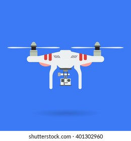 Quadrocopter and camera on blue background with shadow. Aerial photography using drones and suspended camera.