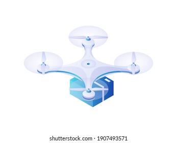 Quadrocopter carrying parcel isometric vector. Modern white drone flies with blue docked box. Delivery fast transport of goods and useful toy photography and observation technology.