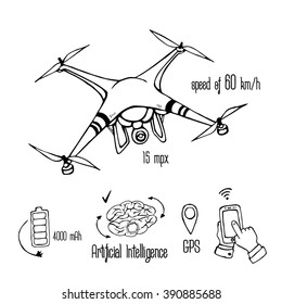 Quadrocopter Dron With Action Camera, Freehand Drawing, Drone Infographics