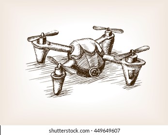 Quadrocopter drone sketch style vector illustration. Old hand drawn engraving imitation.