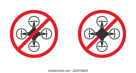 Quadrocopter forbidden icon. No drones zone sign. Copter launch forbidden symbol. Flat vector illustration.