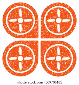 Quadrocopter grainy textured icon for overlay watermark stamps. Flat symbol with dust texture. Dotted vector orange ink rubber seal stamp with grunge design on a white background.