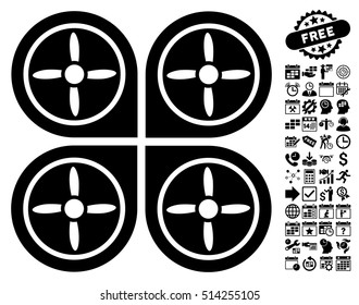 Quadrocopter icon with bonus calendar and time service images. Vector illustration style is flat iconic symbols, black color, white background.