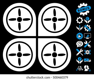 Quadrocopter icon with bonus tools design elements. Vector illustration style is flat iconic symbols, blue and white colors, black background.