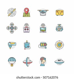 Quadrocopter icons, set, drone illustrations, line art