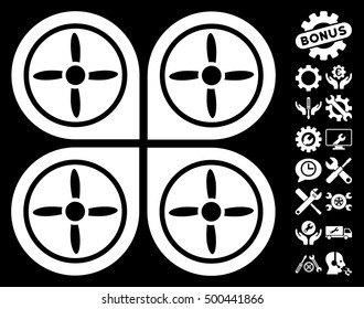 Quadrocopter pictograph with bonus options icon set. Vector illustration style is flat iconic symbols, white color, black background.